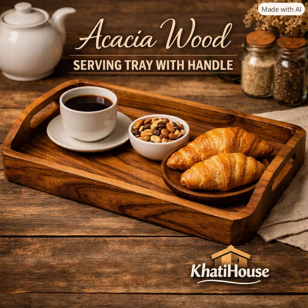 Jaipur, Interior Design, Elegant Acacia Wood Serving Tray With Handle &ndash; Durable & Stylish