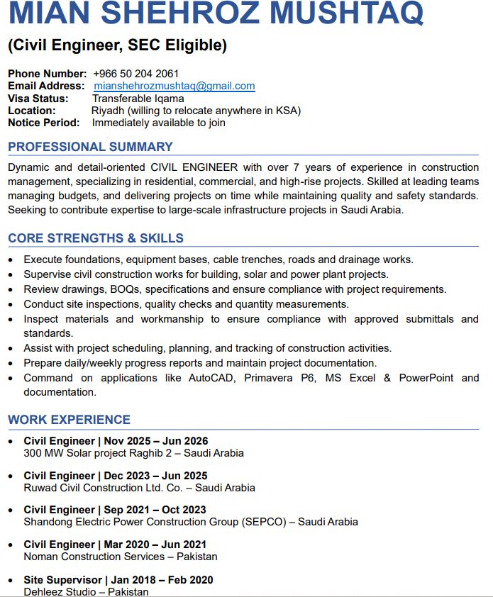 Riyadh, Job Seekers, Civil Engineer / SEC Eligible / 7 Years Of Experience / Ready To Join