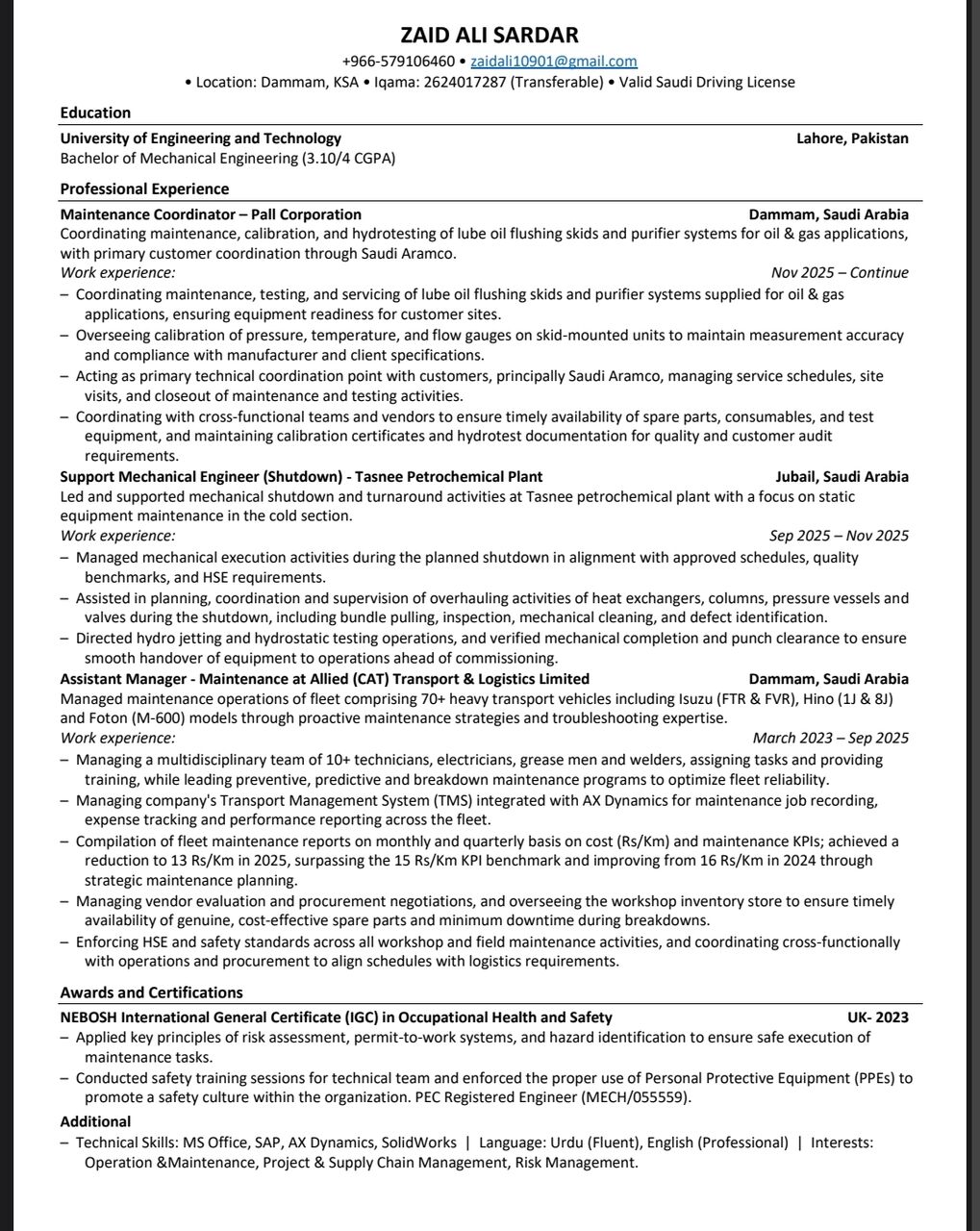 Dammam, Job Seekers, Mechanical Maintenance Engineer | 5+ Years Experience | Transferable Iqama