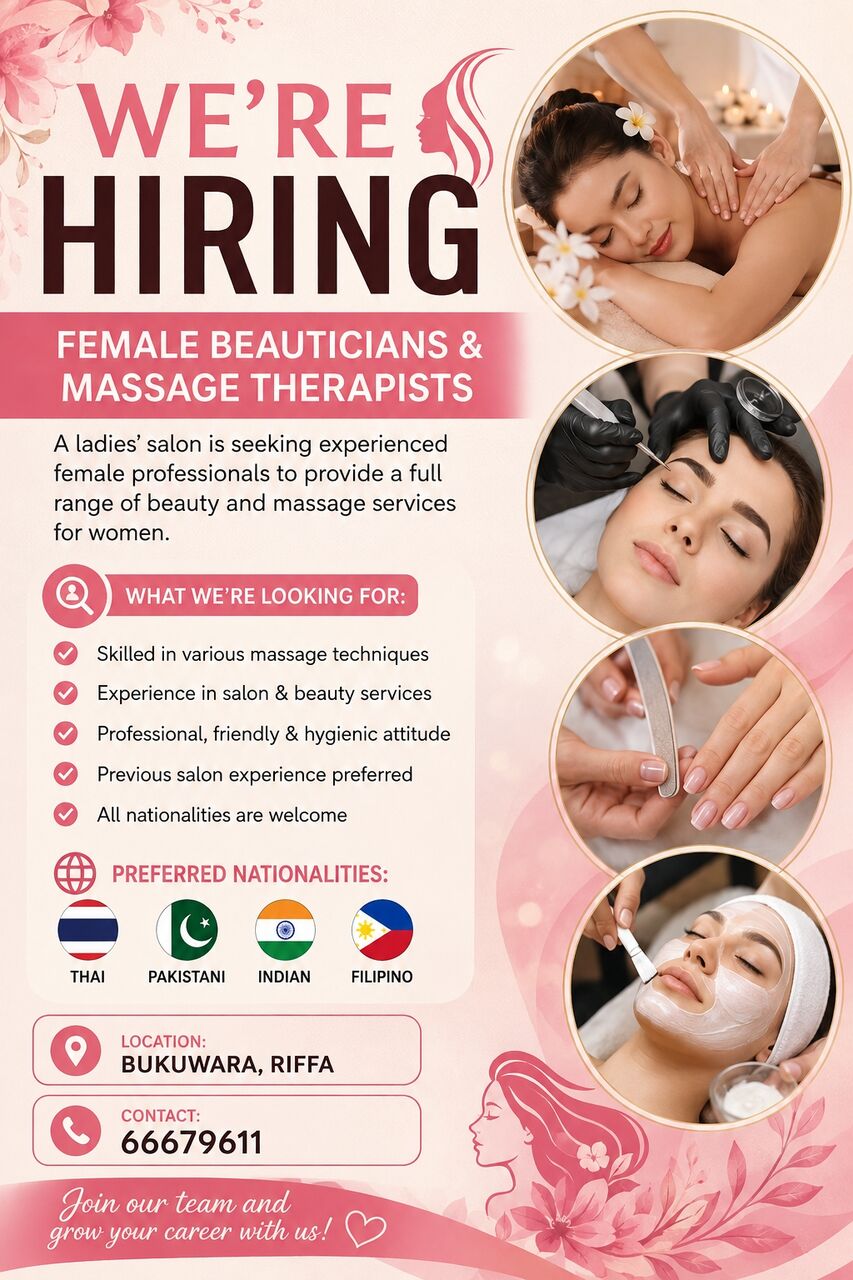 Riffa, Jobs, We&rsquo;re Hiring &ndash; Female Beauticians & Massage Therapists