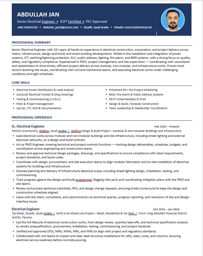 Riyadh, Job Seekers, ELECTRICAL ENGINEER