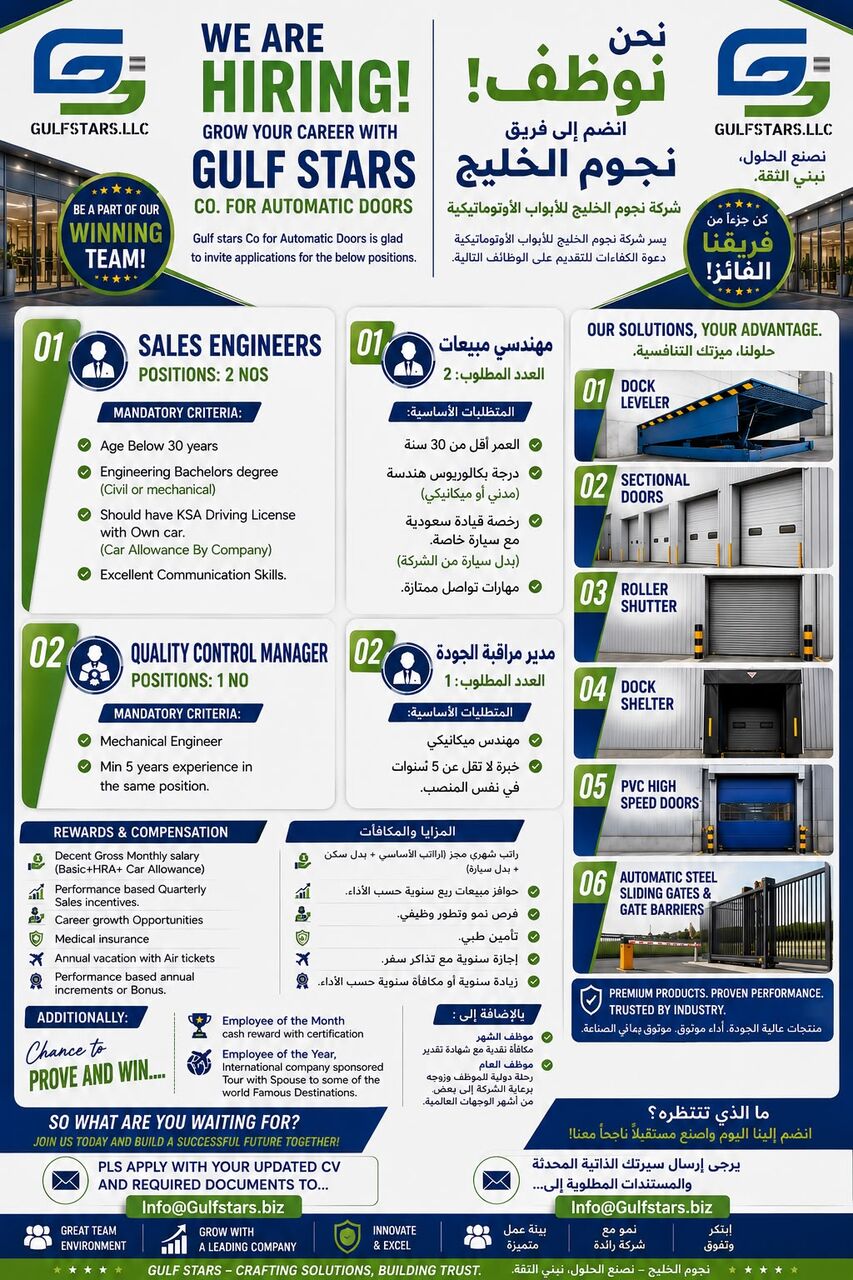Riyadh, Jobs, GROW YOUR CAREER WITH GULF STARS CO. FOR AUTOMATIC DOORS