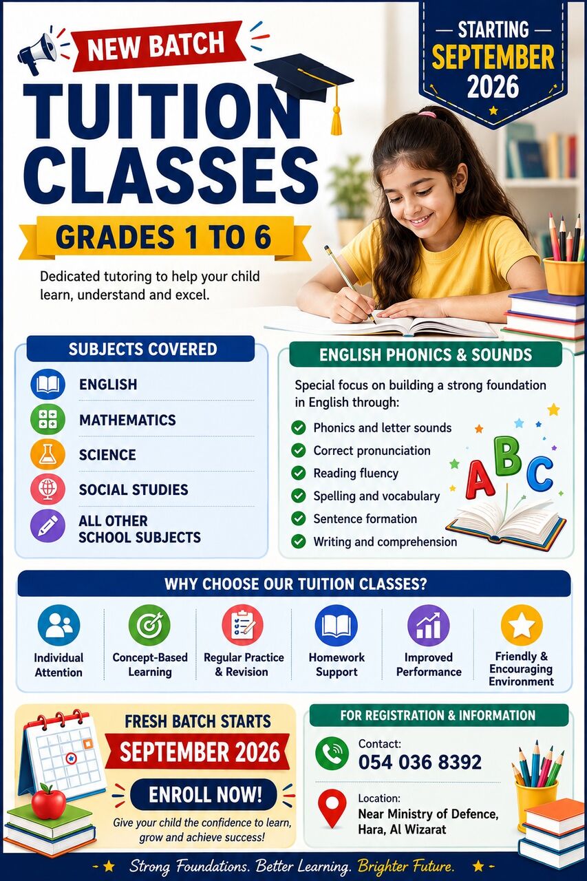 Al Wizarat, Lessons Offered, Home Tuitions Grade 1 To 6