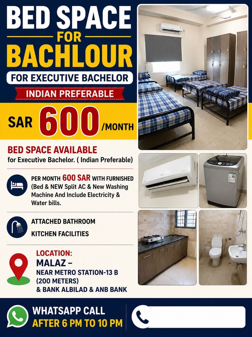 Riyadh, Rooms for Rent, SAR 600/month,  Bed Space For Bachlour