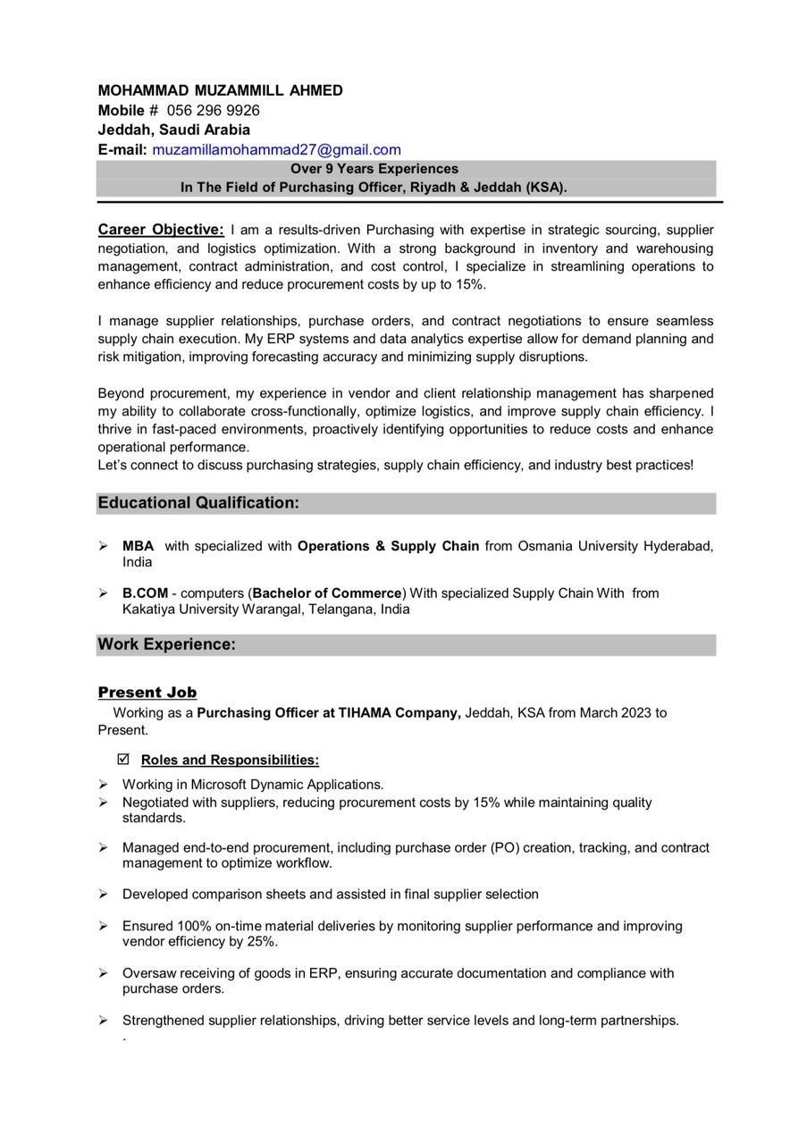 Jeddah, Job Seekers, Purchasing Officer | Looking For Job | Immediately Joining