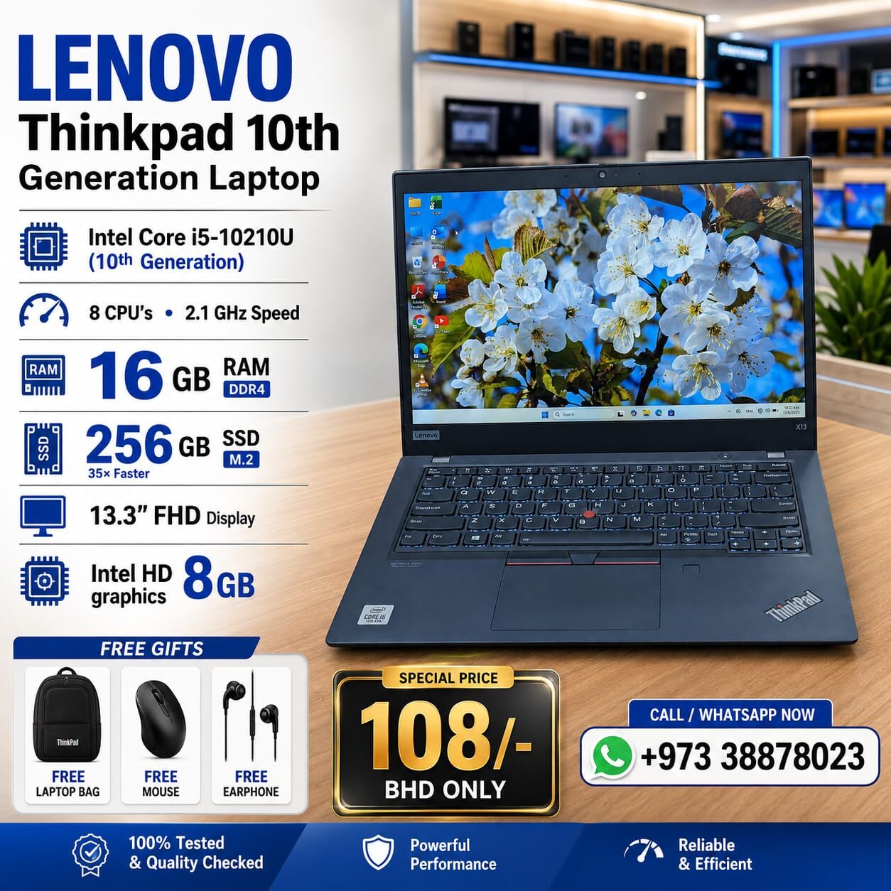 Manama, Tablet Computers, BHD 108,  Lenovo 10th Gen Core I5 Laptop 16GB RAM 35x Fast Working FREE Bag, Mouse & Earphone