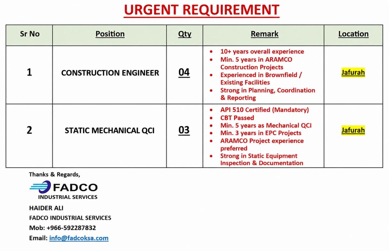 Jubail, Jobs, Construction Engineer-Mechanical, Static Qc Inspector-Aramco Approved.