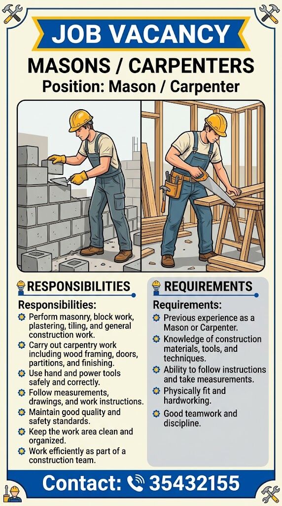 Manama, Jobs, MASONS / CARPENTERS