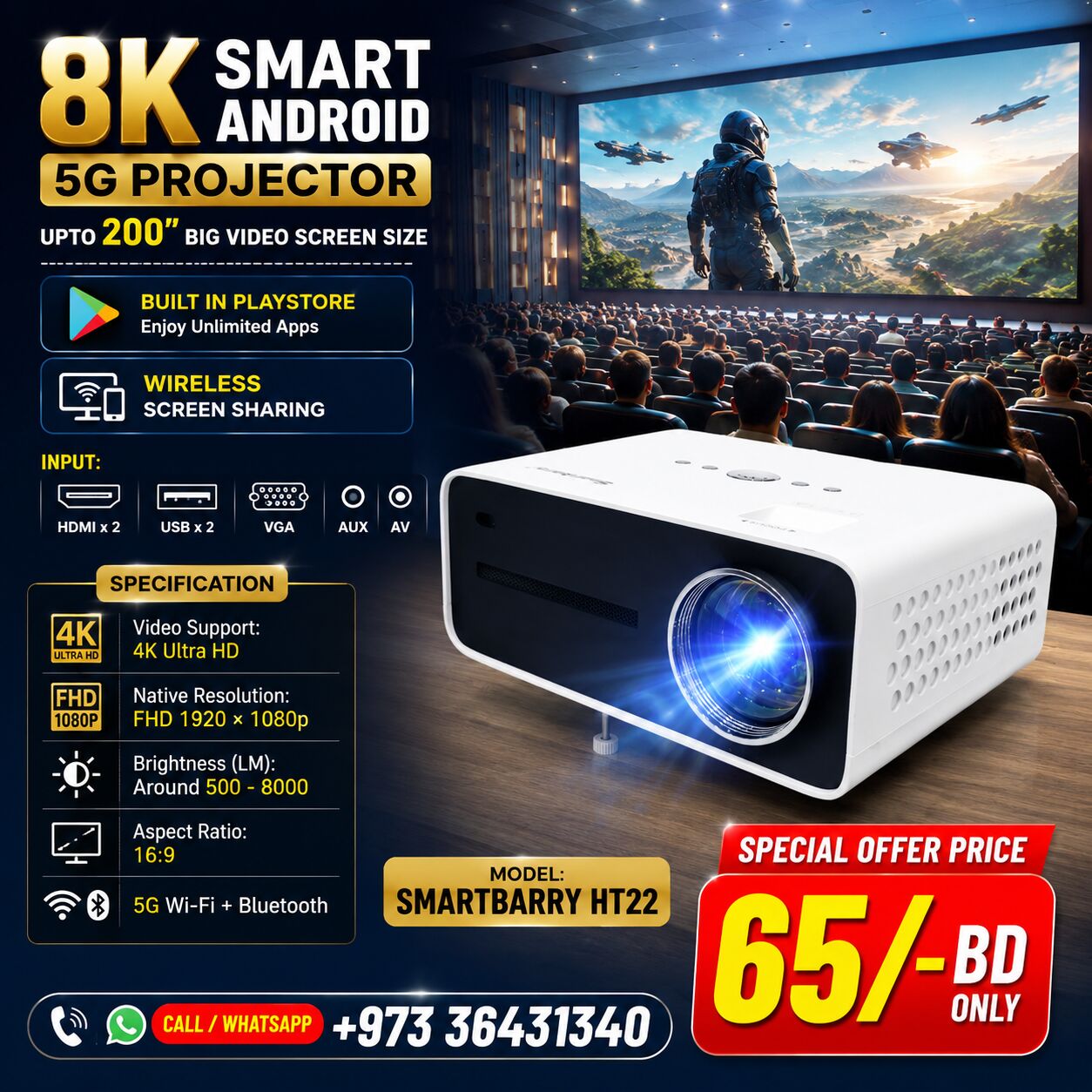 Isa Town, Computers, BHD 65,  New 8K Smart Projector Android 5G WiFi & Screen Sharing (Watch Free Sports & News Channels