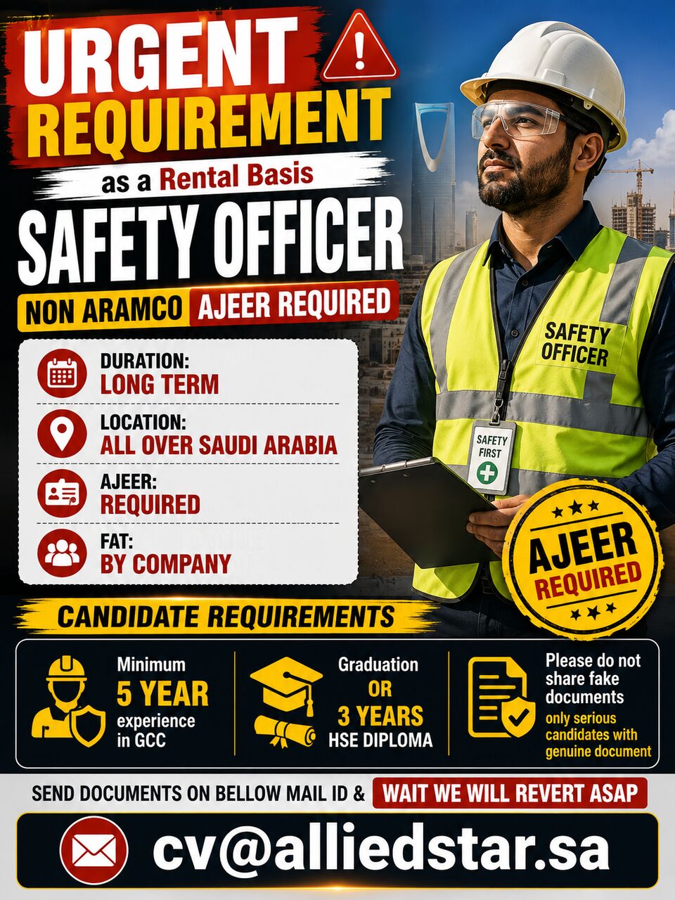 Riyadh, Jobs, SAFETY OFFICER ON  RENTAL BASES (AJEER MUST)