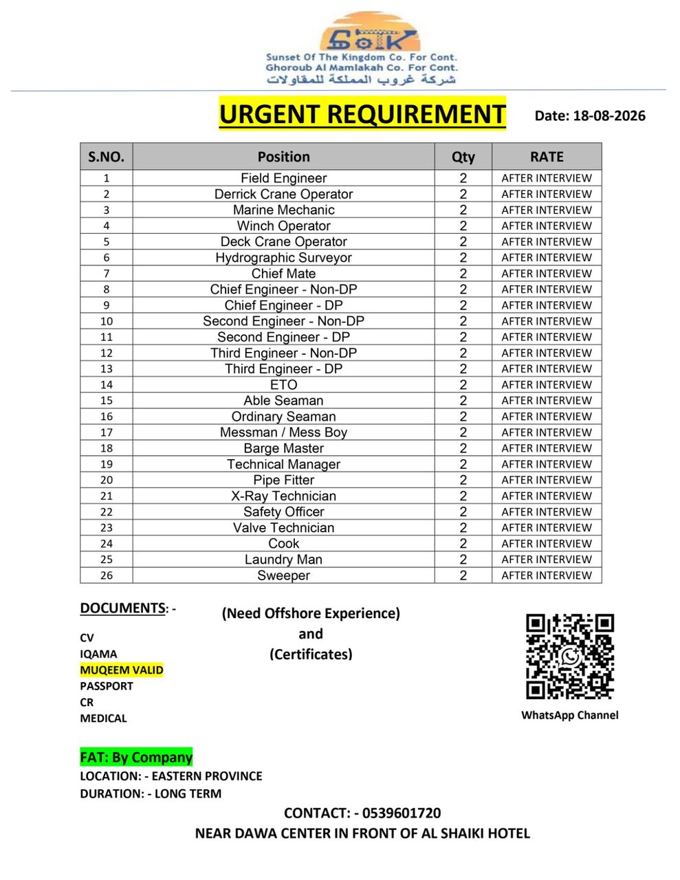 Dammam, Temp Jobs, Urgent Requirement For Multiple Trade