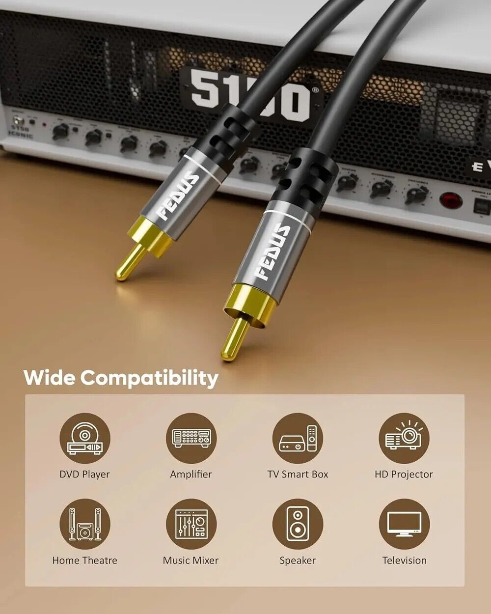 New Delhi, Musical Instruments, INR 599,  FEDUS Subwoofer Cable, Double Shielded RCA To RCA Audio Cable 1.5M