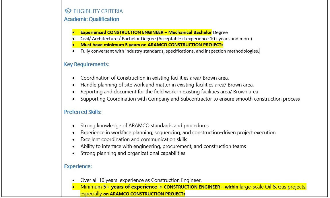 Jubail, Jobs, Construction Engineer