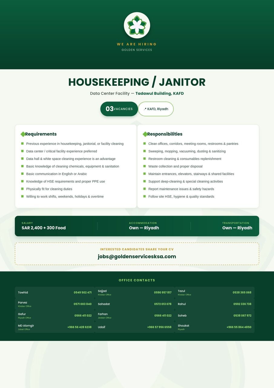 Riyadh, Jobs, HOUSEKEEPING / JANITOR