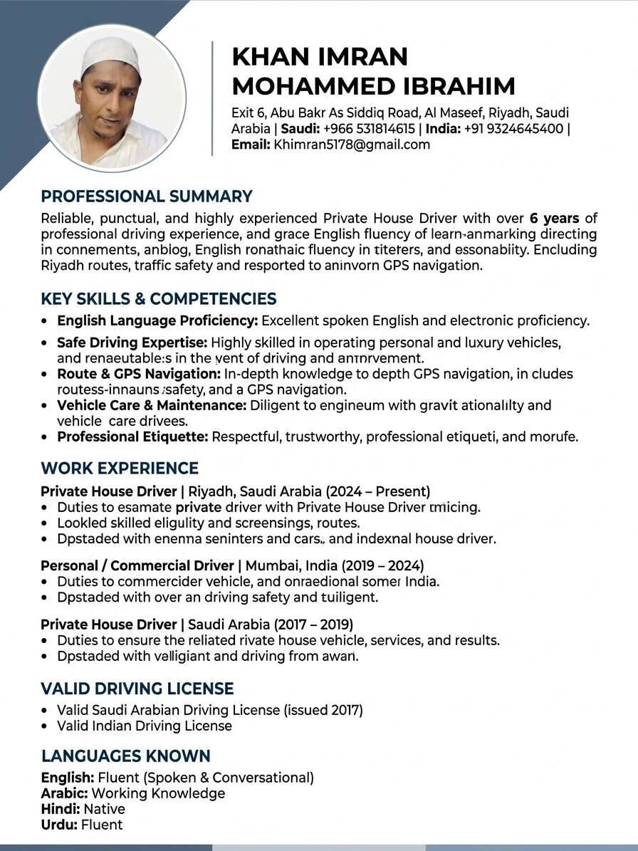 Riyadh, Job Seekers, ​"I Am An Experienced Private Driver With Good Knowledge Of Local Routes And Traffic Rules