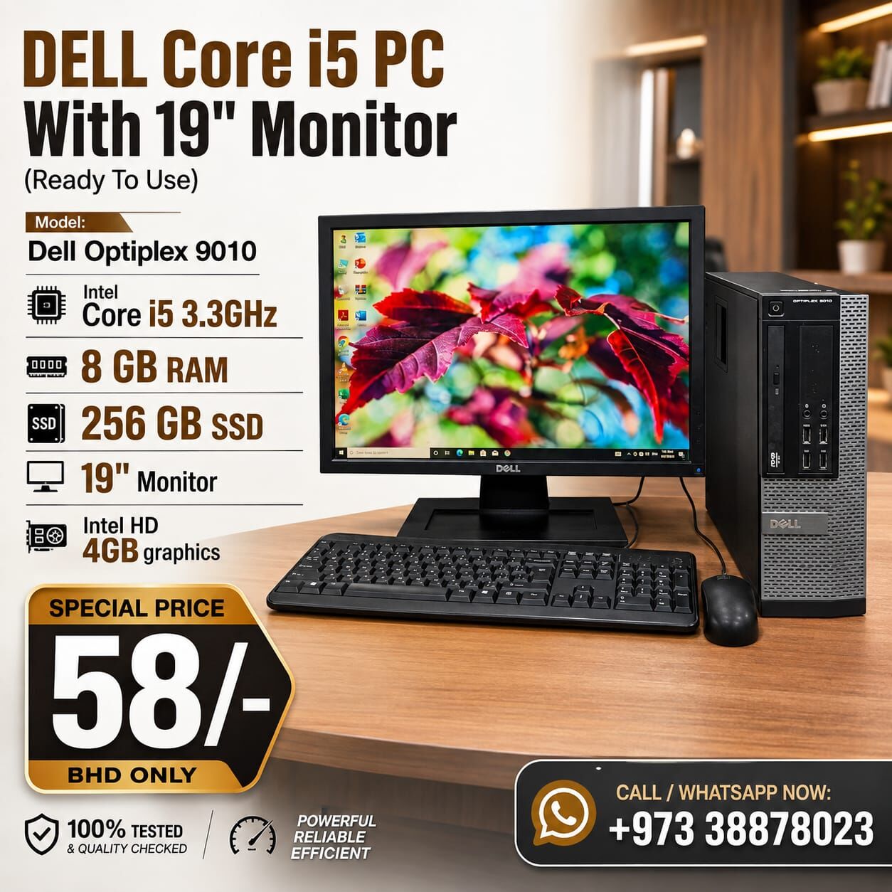 Manama, Computers, BHD 58,  Dell Core I5 3.3Ghz PC 8GB RAM 256GB SSD 19" Monitor Windows & Office Ready To Use