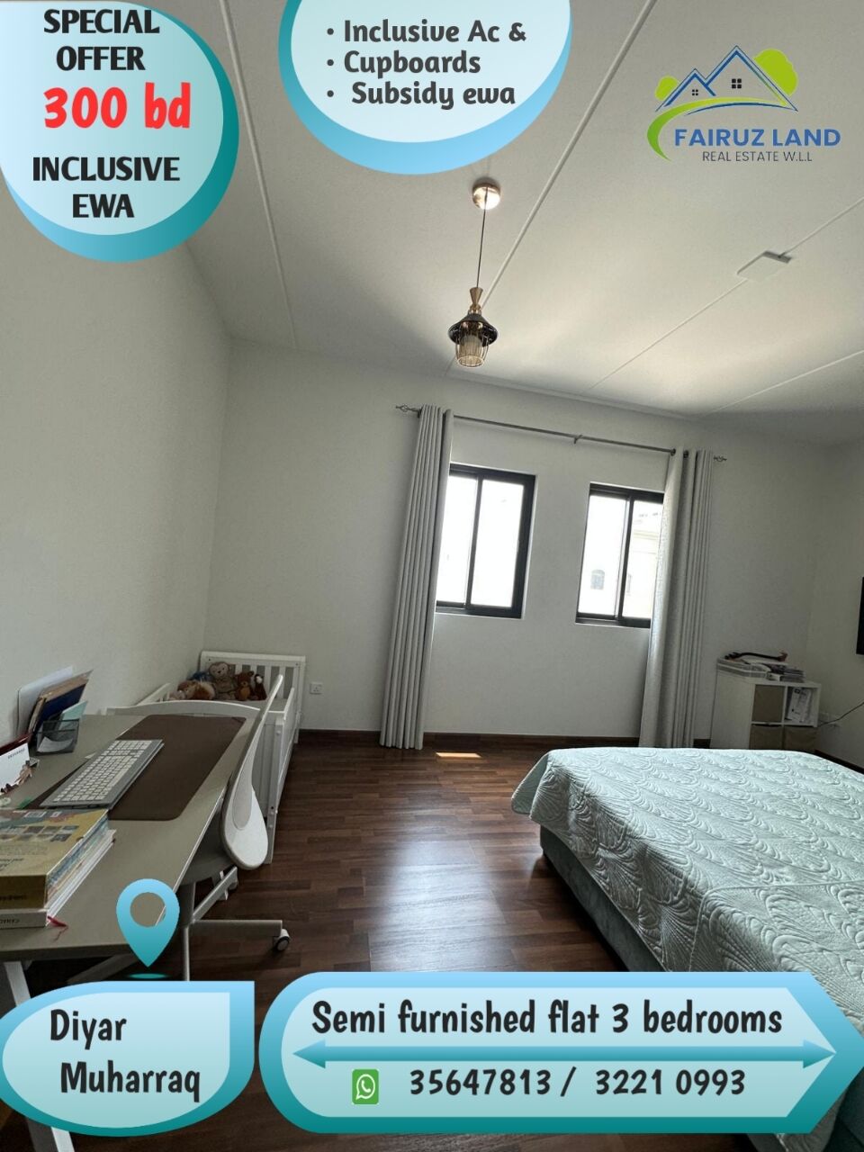 Muharraq, Apartments, Flats, Houses & Villas, BHD 300/year,  3 BR,  Semi Furniture Flat 3 Bedrooms In Diyar Al Muharraq 300 Bd Including Ewa Unlimited