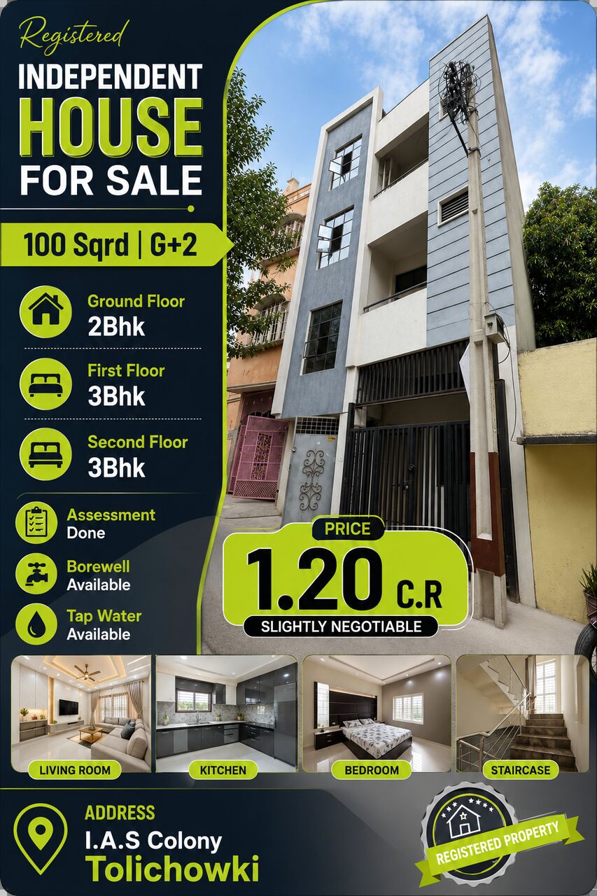 Hyderabad, Real Estate For Sale, INR 1,  6 BR,  95 Sq. Yard,  House For Sale 95 Sqrd G+2 I.A.S Colony Tolichowki