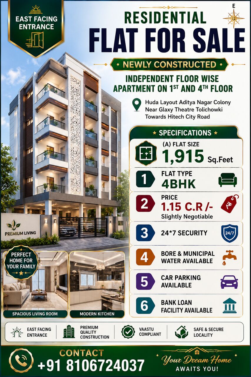 Hyderabad, Real Estate For Sale, INR 1,  4 BR,  1915 Sq. Feet,  4BHK On 1st & 4th Floor Flat For Sale On Permission Aditya Nagar Colony Tolichowki