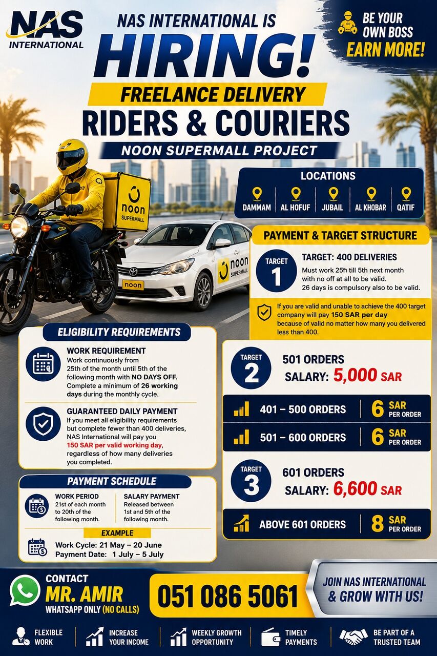 Riyadh, Jobs, 🔥 NOW HIRING: DRIVERS & RIDERS — NOON SUPER MALL DELIVERY