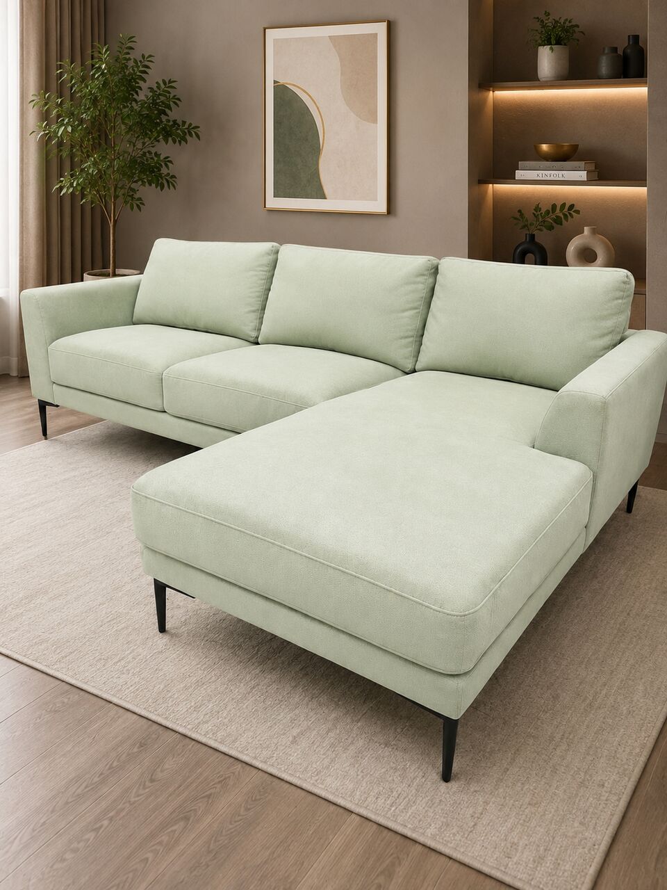 Khobar, Furniture, SAR 450,  Brand: Roots L-Shape Sofa | Light Pastel Green | Premium Fabric | Modern Design.