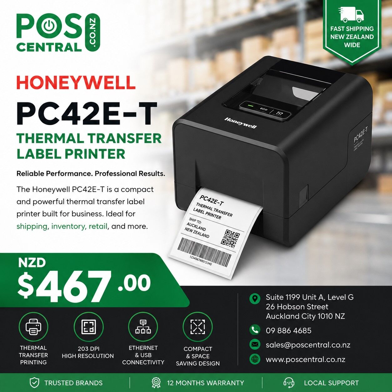 Auckland, Computers, NZD 467,  Honeywell PC42E-T Thermal Transfer Label Printer 203dpi USB Ports
