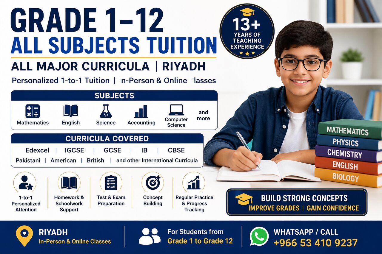 Riyadh, Lessons Offered, Grade 1&ndash;12 All Subjects Tuition | IGCSE, IB, CBSE, Edexcel & More | Riyadh