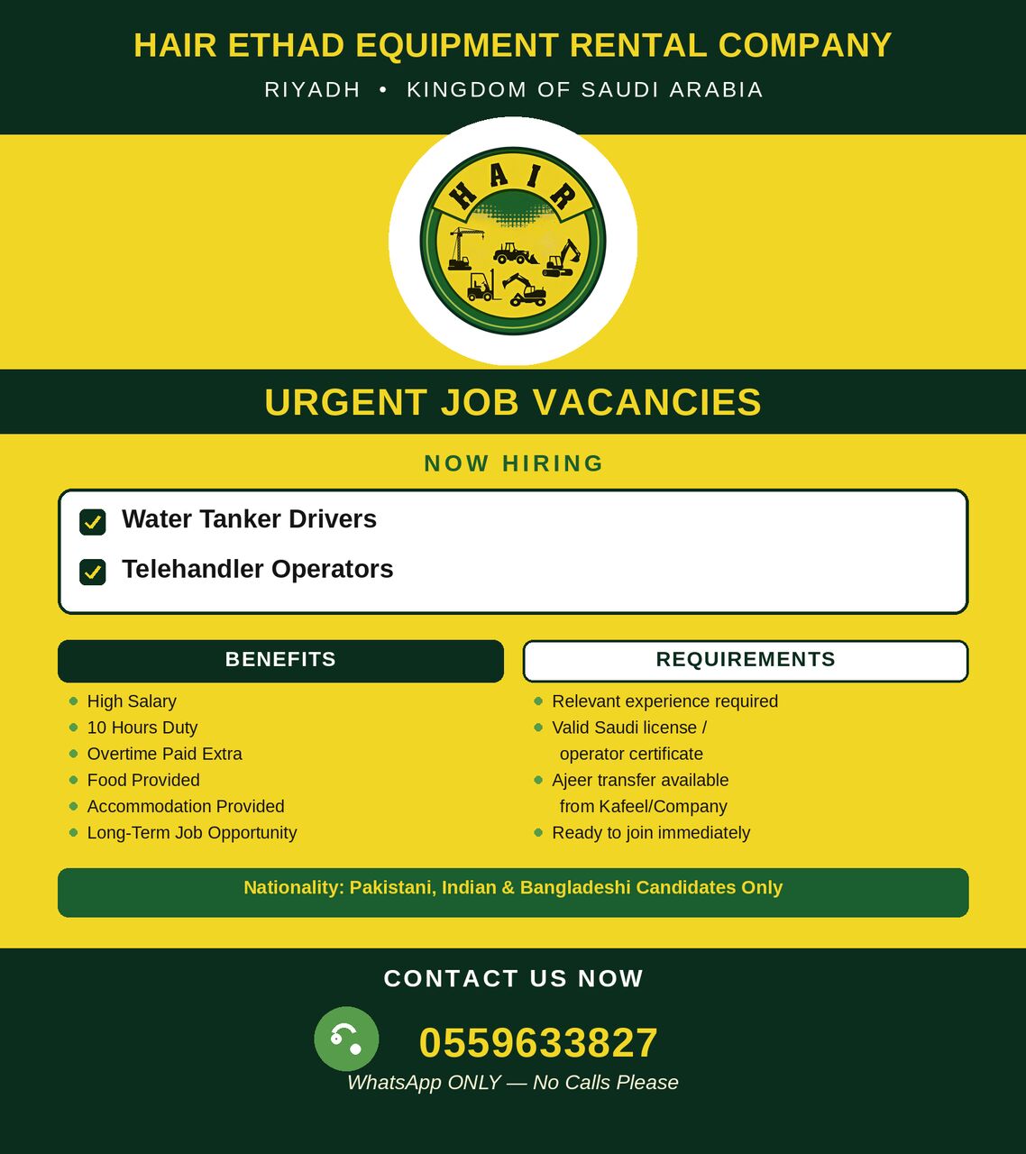 Riyadh, Jobs, HAIR Ethad Equipment Rental Company &ndash; Urgent Job Vacancies