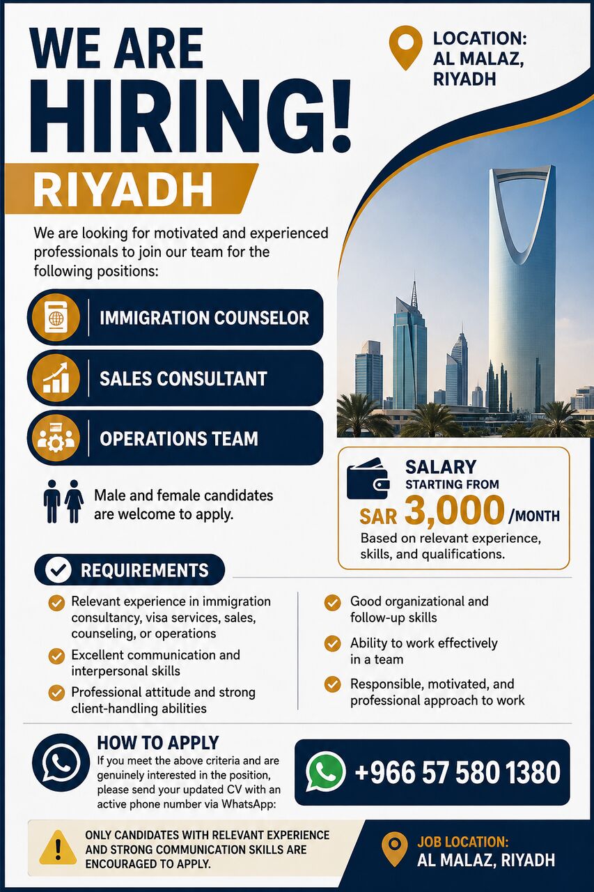 Al Malaz, Jobs, Urgent Hiring In Riyadh &ndash; Immigration Counselor, Sales Consultant & Operations | Al Malaz