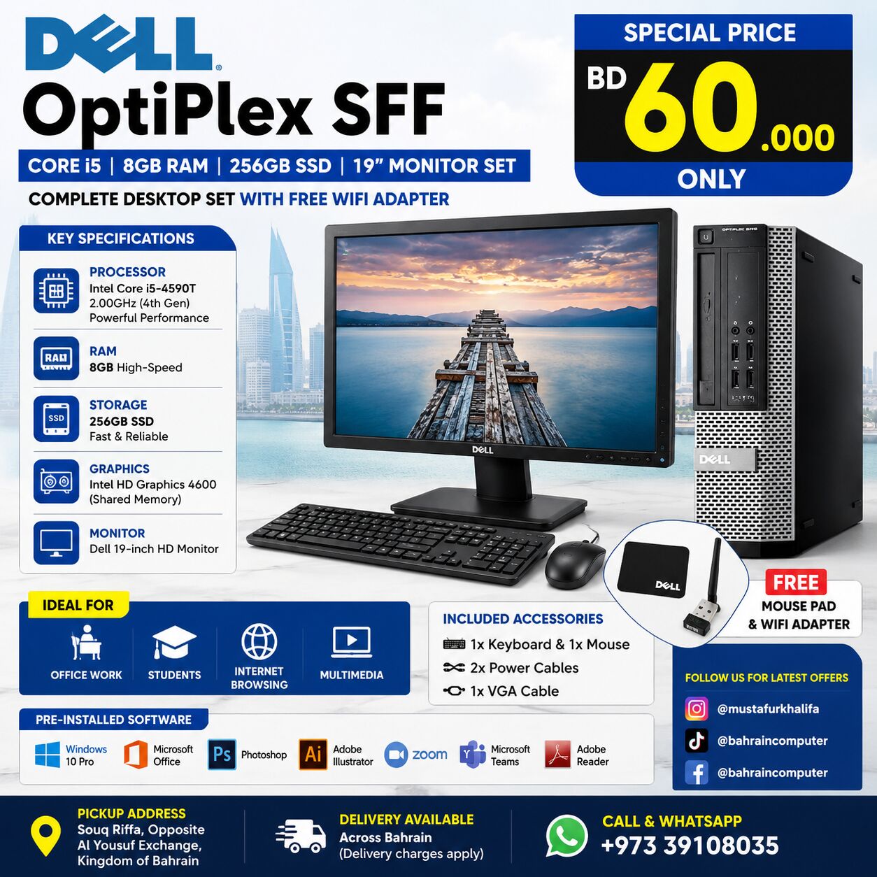 Riffa, Computers, BHD 60,  DELL OptiPlex SFF | Core I5 | 8GB RAM | 256GB SSD | 19" HD Monitor Set | BD 60