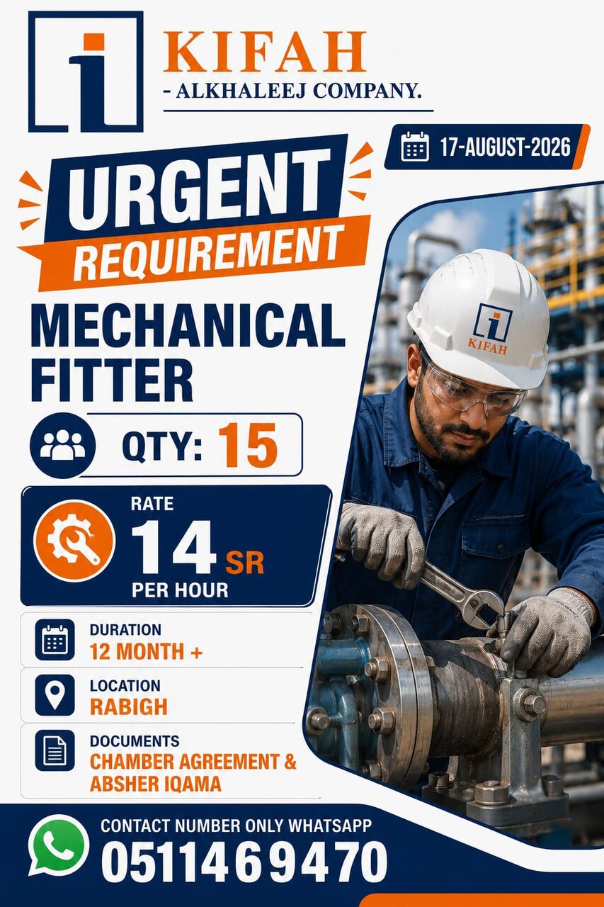 Riyadh, Jobs, MECHANICAL FIITER - URGENT REQUIREMENT.