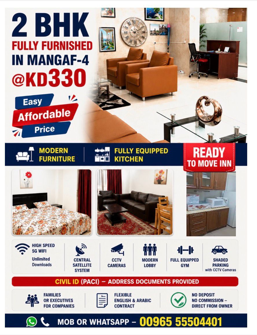 Mangaf, Apartments, Flats, Houses & Villas, KWD 320/month,  100 Sq. Meter,  Easy Affordable Price  2 BHK Fully Furnished In Mangaf-4@KD320