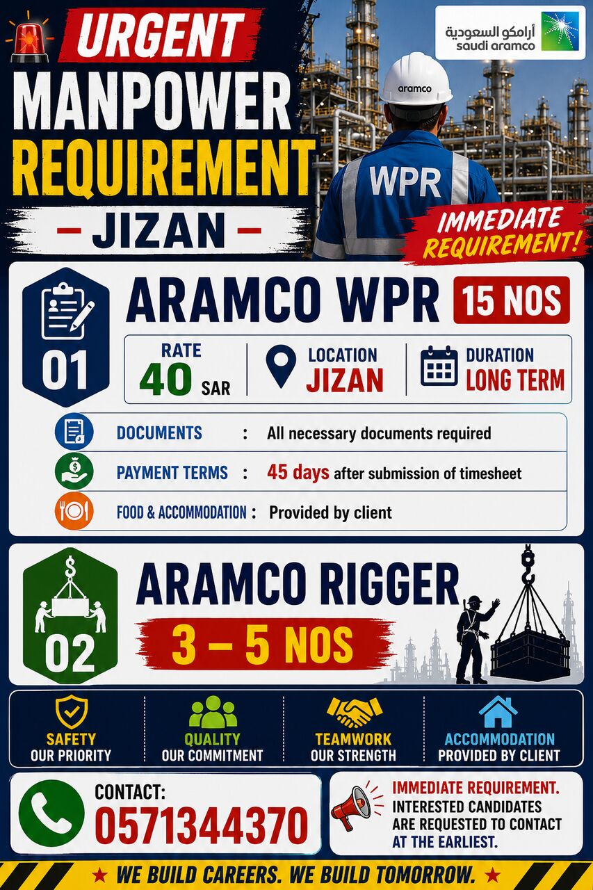 Jizan, Jobs, UURGENT MANPOWER REQUIREMENT &ndash; JIZAN