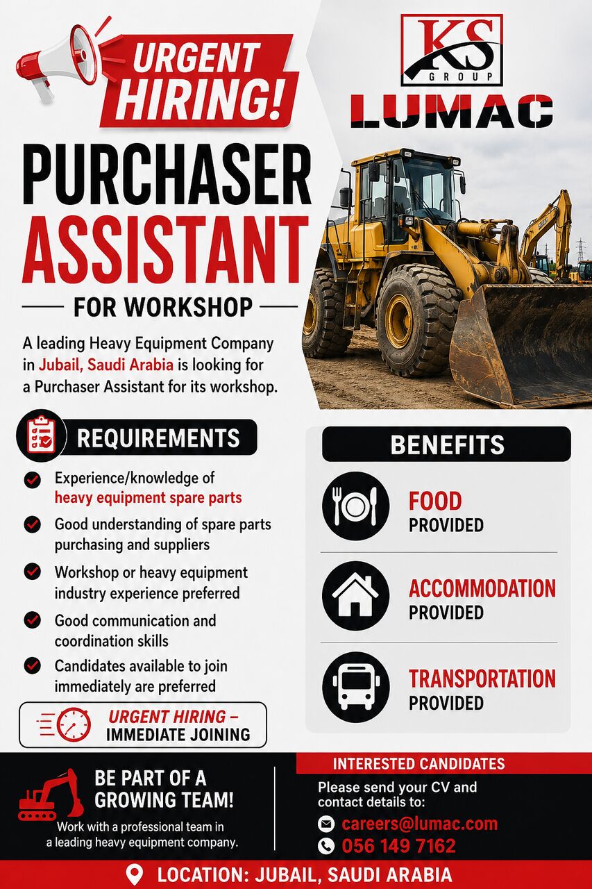 Jubail, Jobs, Assistant Purchaser- Heavy Equipment Spare Parts