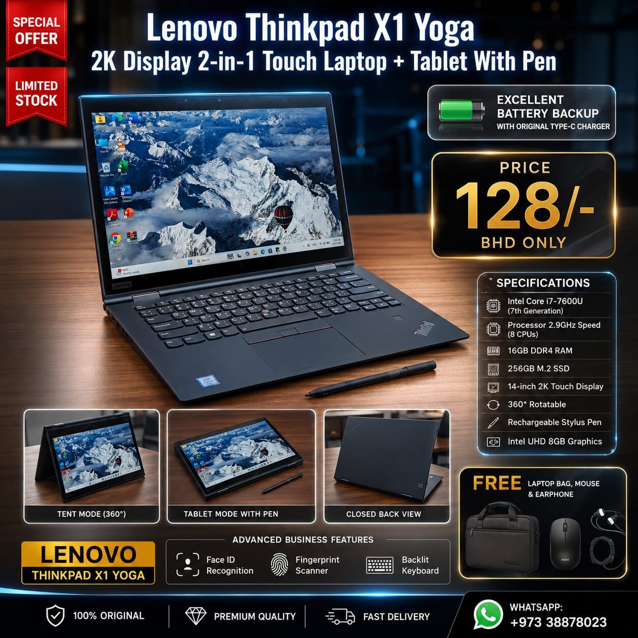 Manama, Computers, BHD 128,  Lenovo Core I7 2K Display 2in1 Touch Laptop+Tablet With Stylus Pen 16GB RAM FREE GIFTS