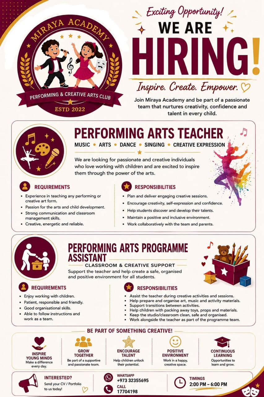 Adliya, Jobs, PERFORMING ARTS TEACHER AND TEACHER ASSISTANT