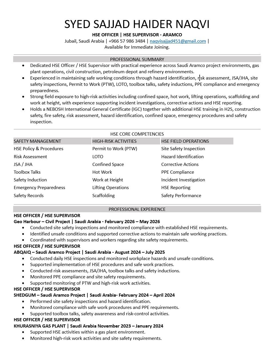 Jubail, Job Seekers, Looking For A Job HSE Officer / HSE Supervisor (Aramco Exp) &ndash; Ready For Immediate Joining