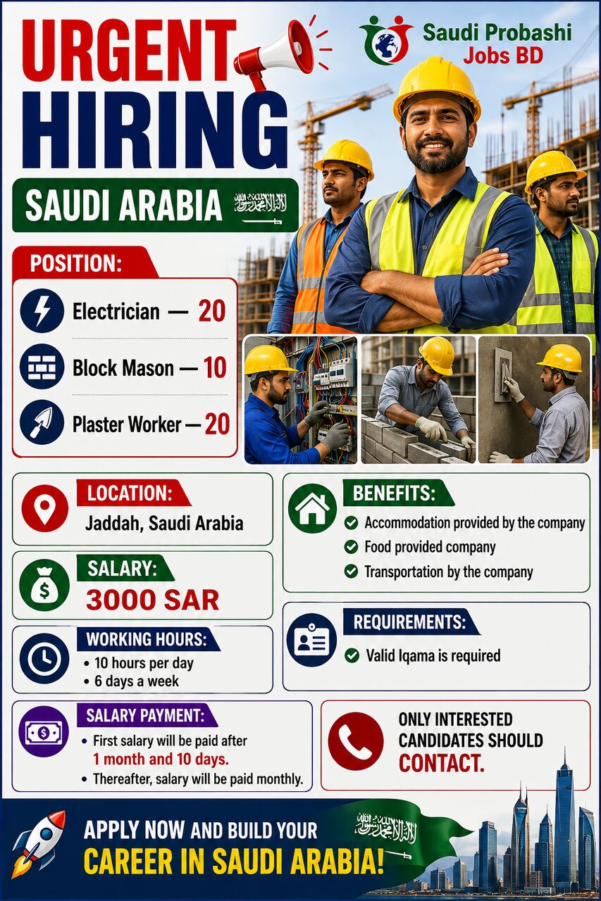 Riyadh, Jobs, Electrician  Block Mason Plaster Worker
