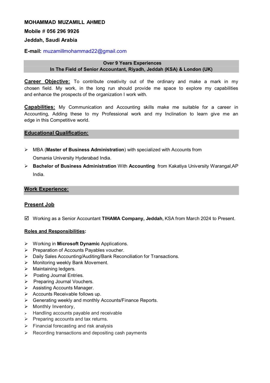 Jeddah, Job Seekers, Accountant | Looking For Job | Immediately Joining