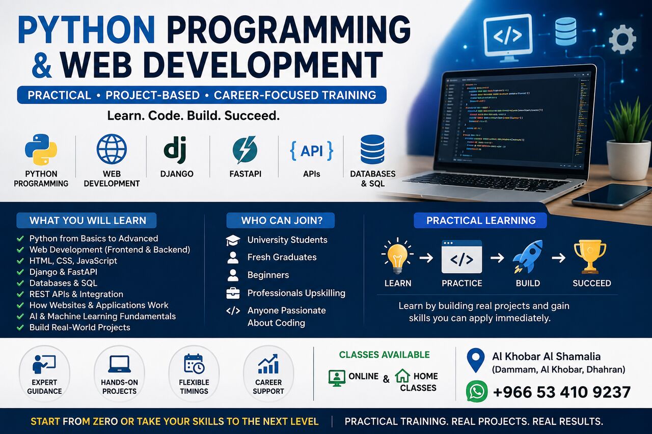 Al Khobar Al Shamalia, Lessons Offered, Python Programming &bull; Web Development &bull; Django &bull; APIs | Practical Project-Based Training
