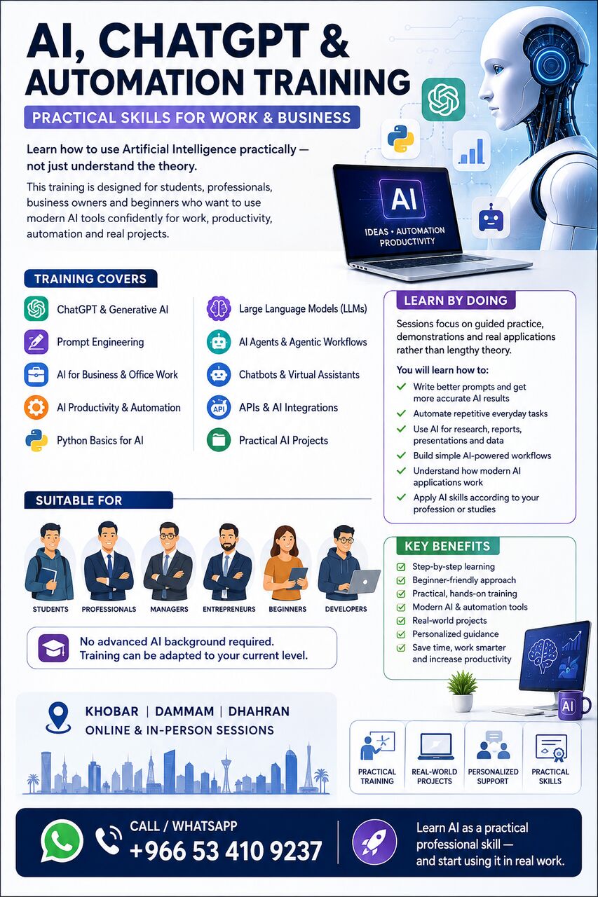 Al Khobar Al Shamalia, Lessons Offered, AI & Generative AI Training | ChatGPT, Python, LLMs, AI Agents & Projects