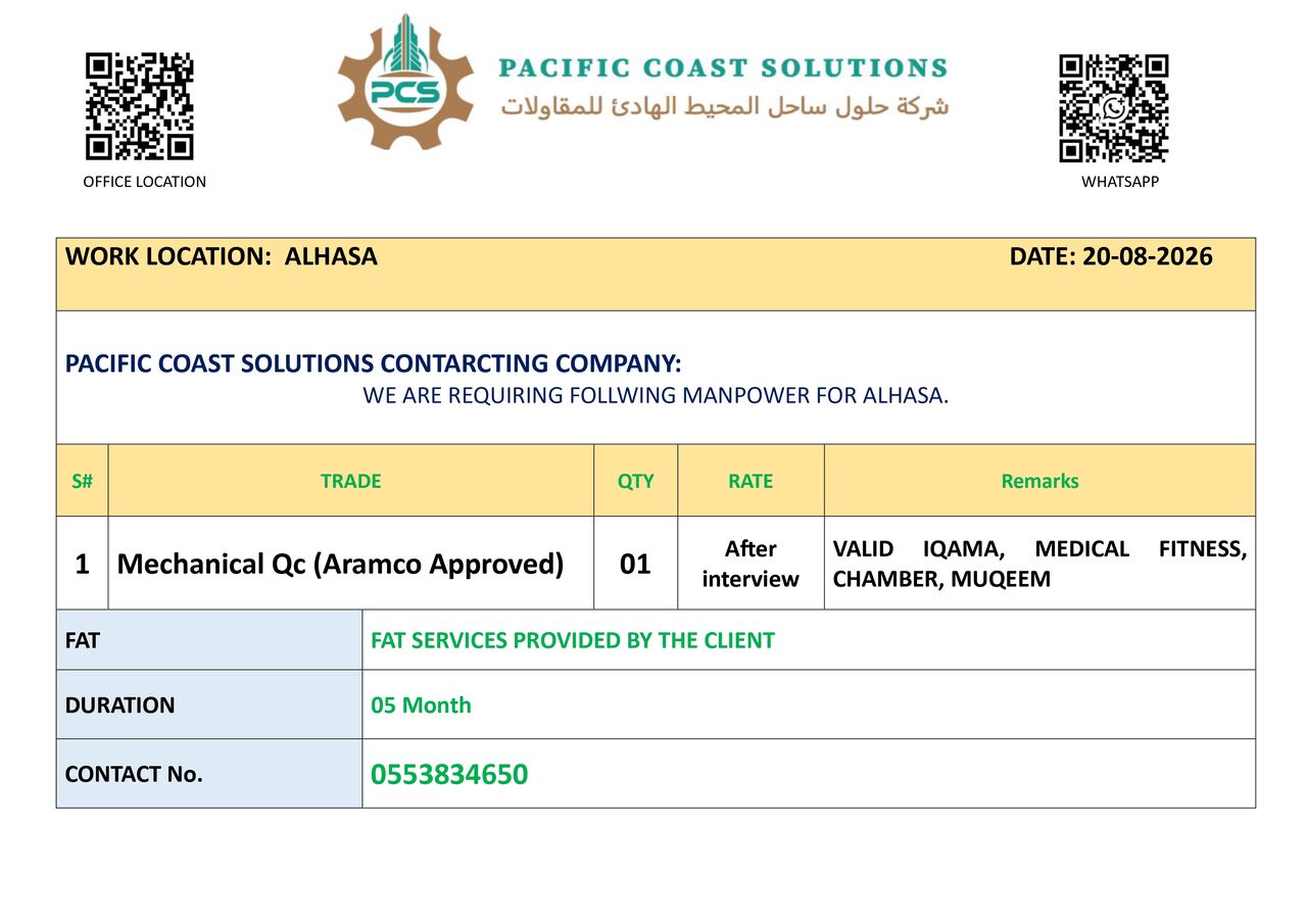 Jubail, Jobs, Mechanical QC Aramco Approved