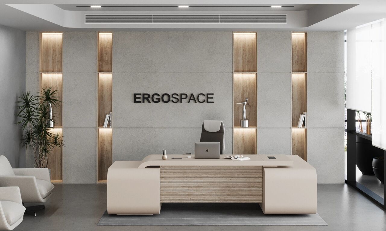 Dubai, Furniture, AED 8995,  Color Modern Design L Shape CEO Executive Desk With Double Side Cabinet & Fluted Design
