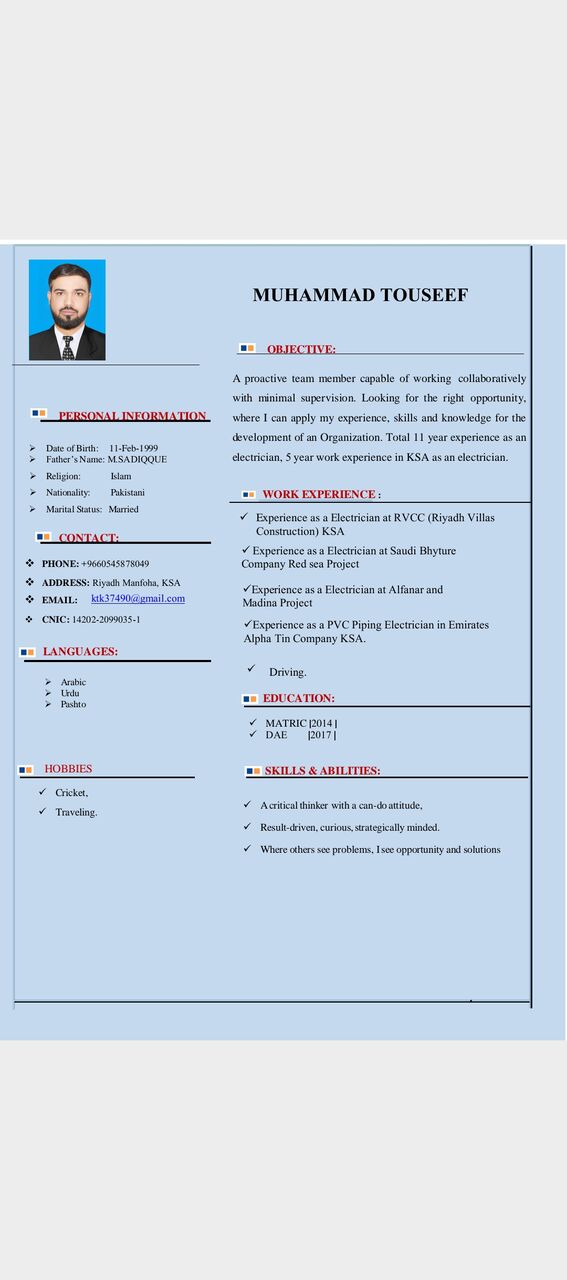 Riyadh, Job Seekers, Electricion/ Electricion 4 Man