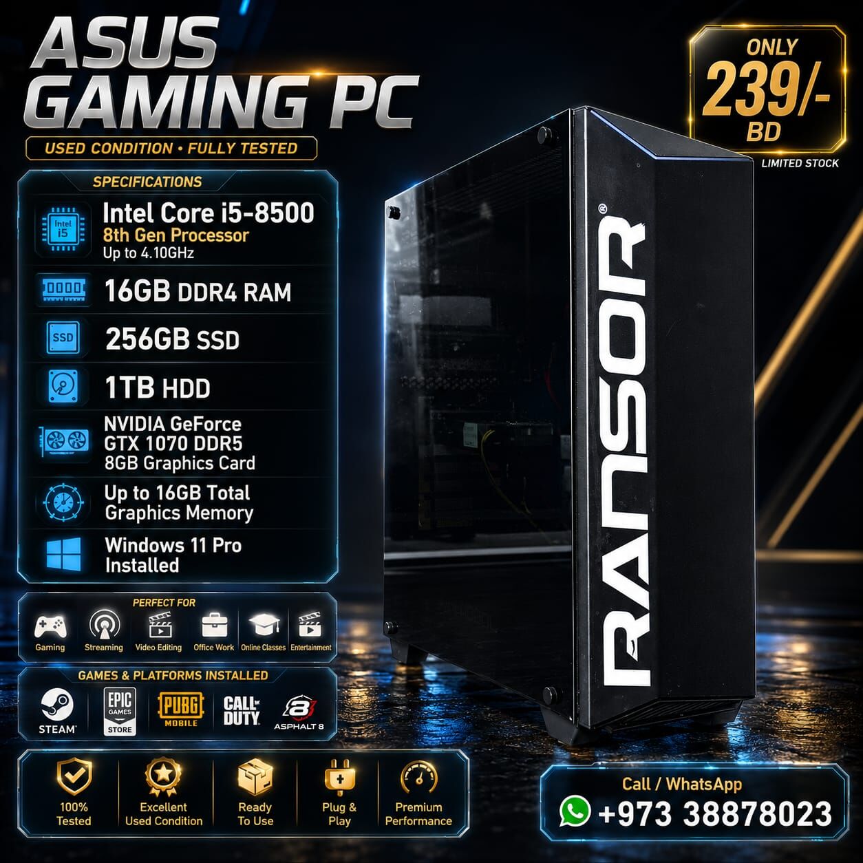 Manama, Tablet Computers, BHD 239,  ASUS Core I5 8th Gen Gaming PC 16GB Ram 256GB SSD+1TB HDD NVidia GTX 8GB Graphics Card