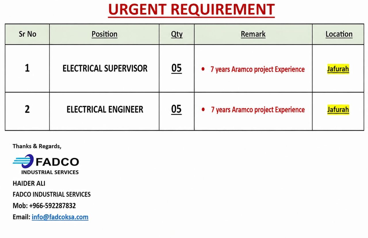 Jubail, Jobs, Electrical Supervisor, Electrical Engineer