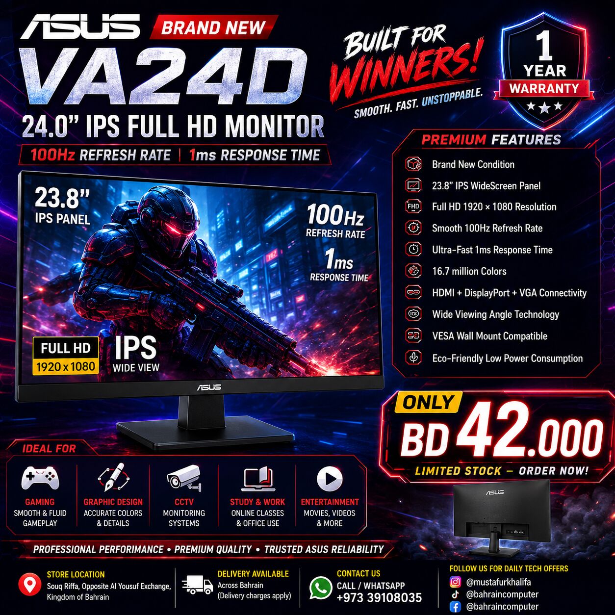 Riffa, Computers, BHD 42,  ASUS VA24D 24" IPS Full HD Monitor | 100Hz | 1ms | Brand New | 1-Year Warranty | BD 42