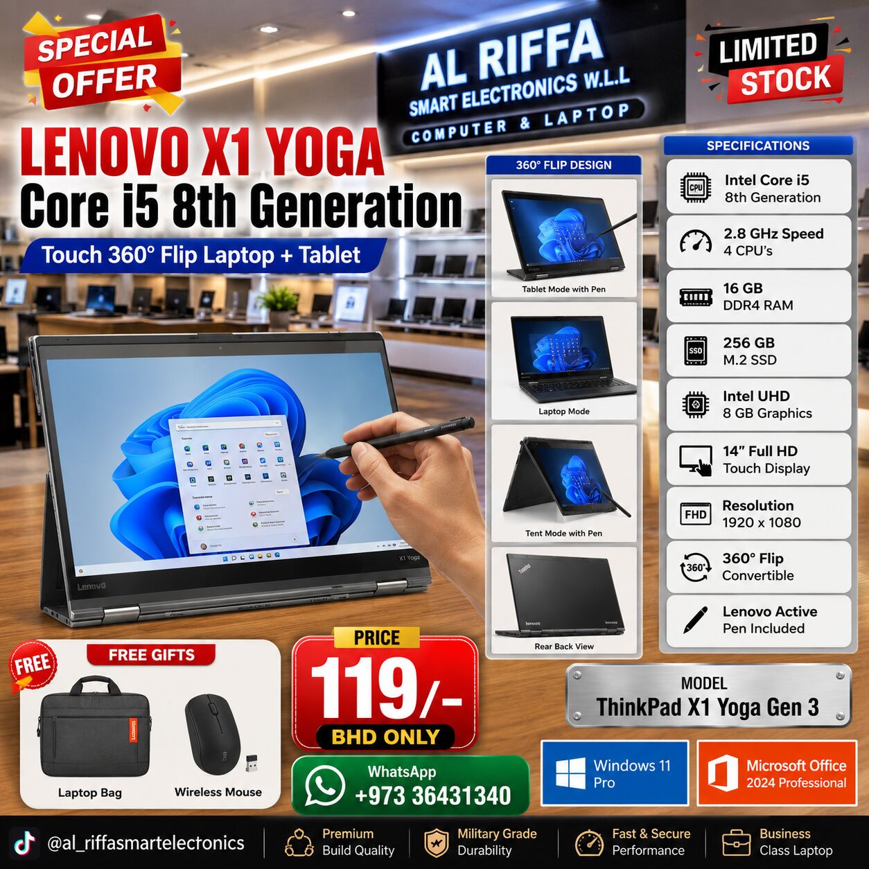 Muharraq, Electronics, BHD 119,  LENOVO X1 Yoga Core I5 8th Generation Touch Laptop+Tablet With PEN 16GB RAM 14" Touch LED