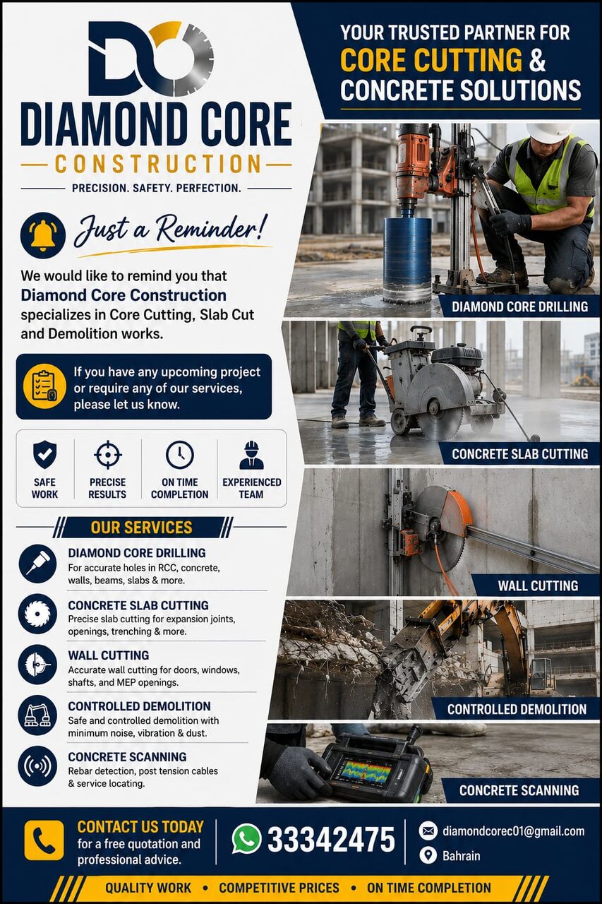 Manama, Construction, Diamond Core Cutting, Slab / Wall Cutting Service