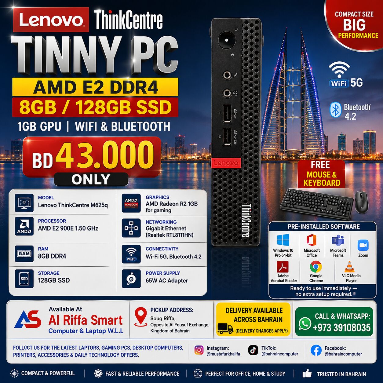 Riffa, Computers, BHD 43,  Lenovo Tiny PC AMD E2 2.0 GHz Turbo DDR4 8GB/128GB SSD 43 BD Only